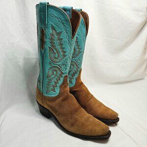 1883 Lucchese Rough Cut Suede Tan/ Turquoise Western Boots N4503 Women's Size 7B